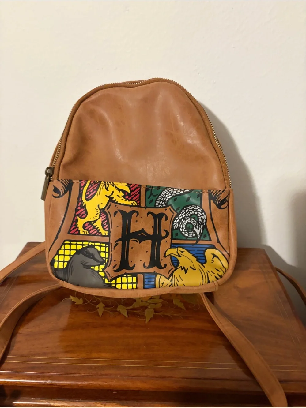 Kids Tan Leather Mini Backpack with Colorful Heraldic Front Panel